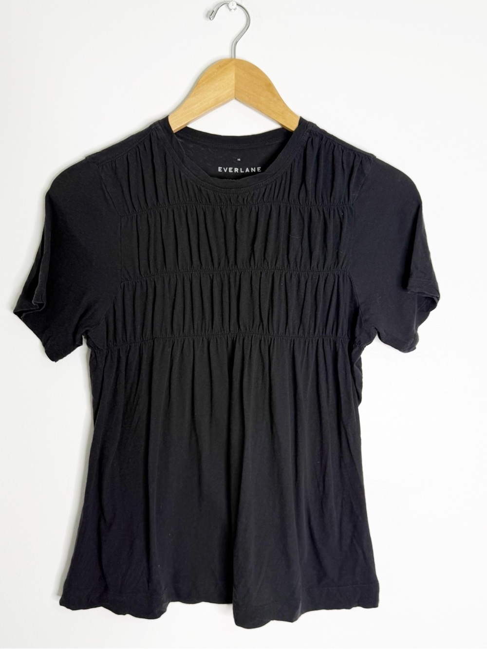 Everlane Black Cotton Smocked Yoke Tee XS Short Sleeve Top